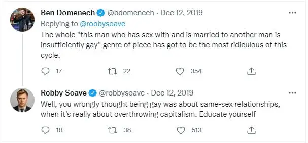 Ben Domenech replying to Robby Soave twitter